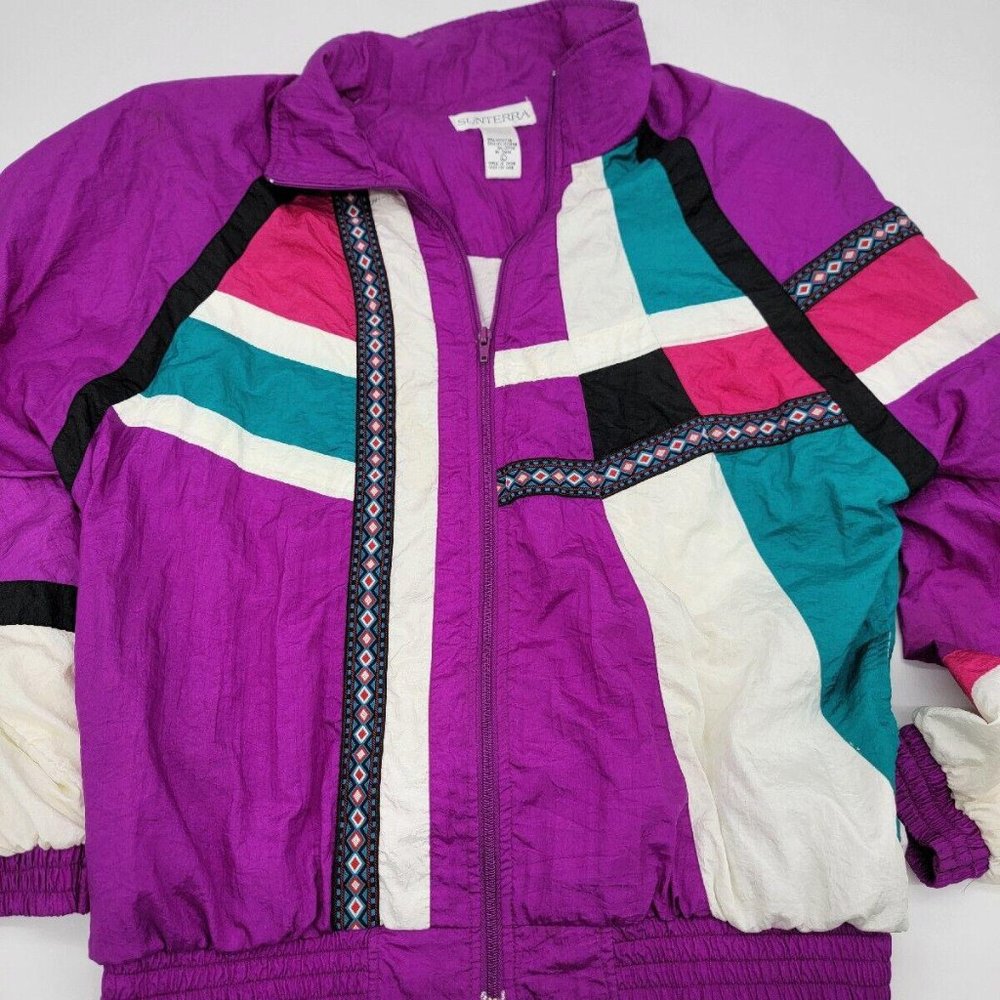 Sunterra Women's L Jacket  Nylon Color Block Aztec Jogging Vintage Windbreaker